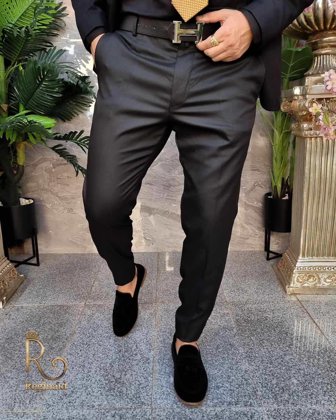 Pantaloni negru texturat, de bărbați, croial slim-fit – PN751