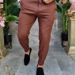 Men's caramel brown trousers, Casual Slim Fit, Tapered with chain – PN716