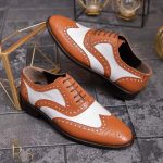 Pantofi de barbati, piele naturala,maro cu alb ivoire - P1777