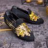 Loafers de barbati, negri, piele intoarsa, broderie aurie- P1769