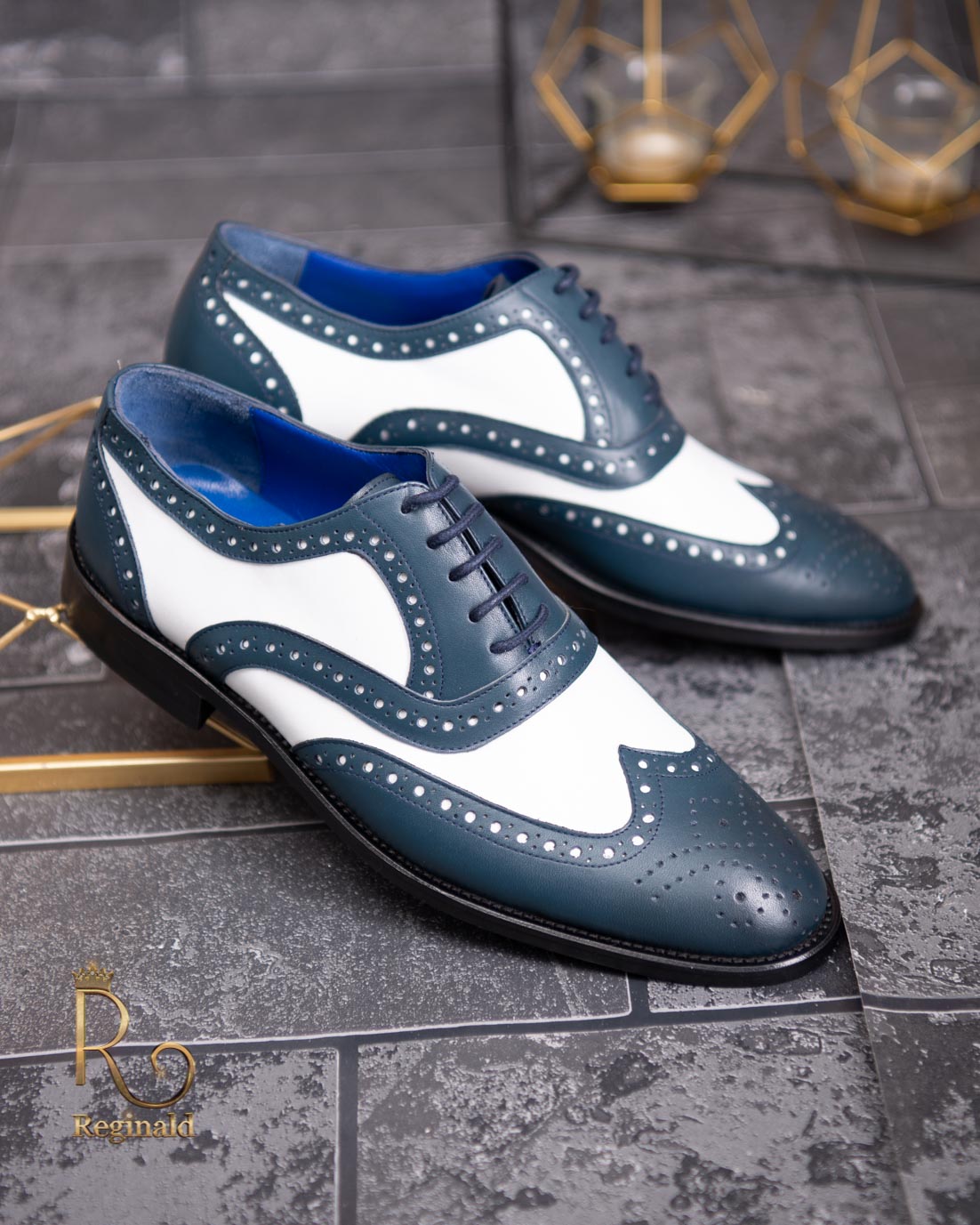 Pantofi de barbati, piele naturala,bleumarin cu alb ivoire - P1778