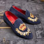 Loafers de barbati, bleumarin, piele intoarsa, broderie aurie- P1770