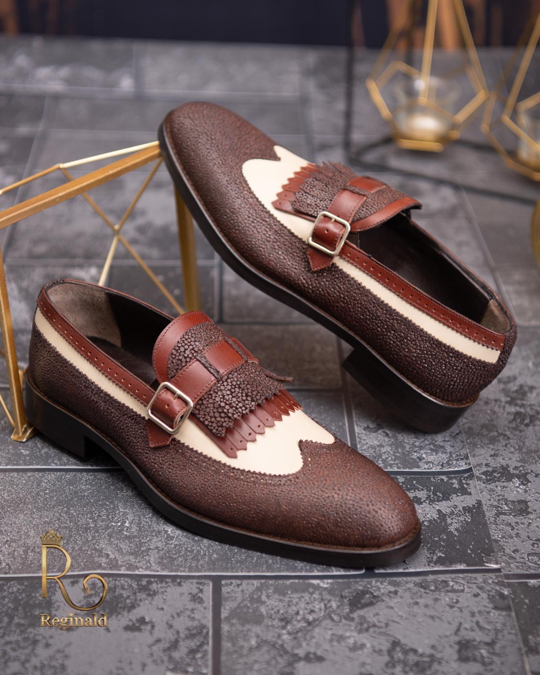 Pantofi Loafers, barbatesti, maro/bej, piele naturala- P1754