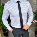 Camisa blanca con rayas negras, Marcuzzi, corte entallado 100%, algodón - CR143