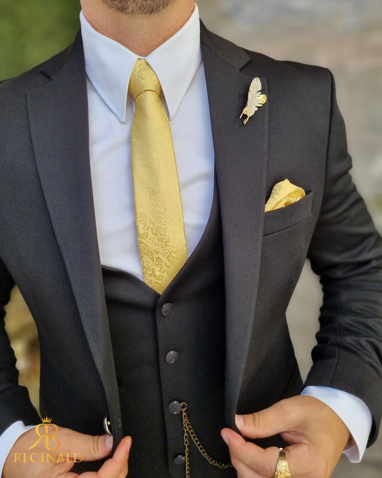 Costum Reginald negru- Sacou, Vesta si Pantalon - C4305 - imagine 7