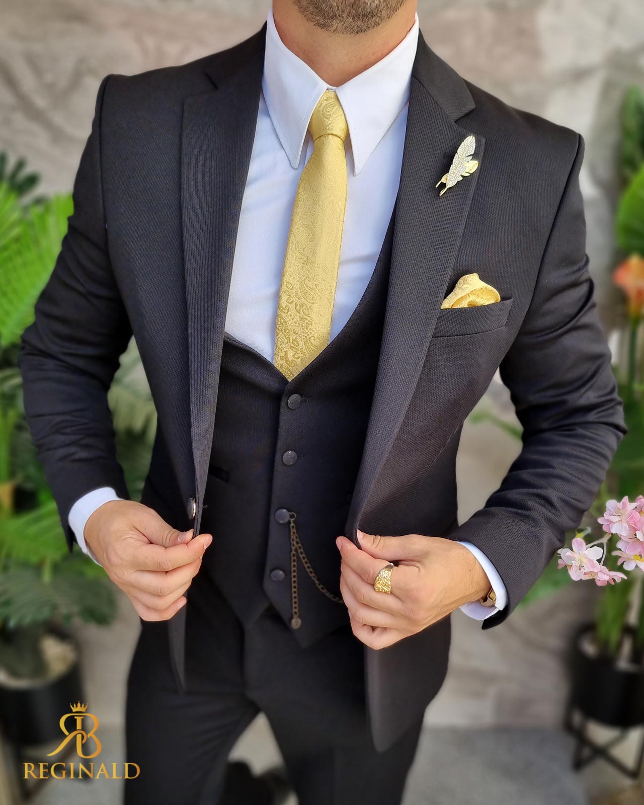 Costum Reginald negru- Sacou, Vesta si Pantalon - C4305 - imagine 5