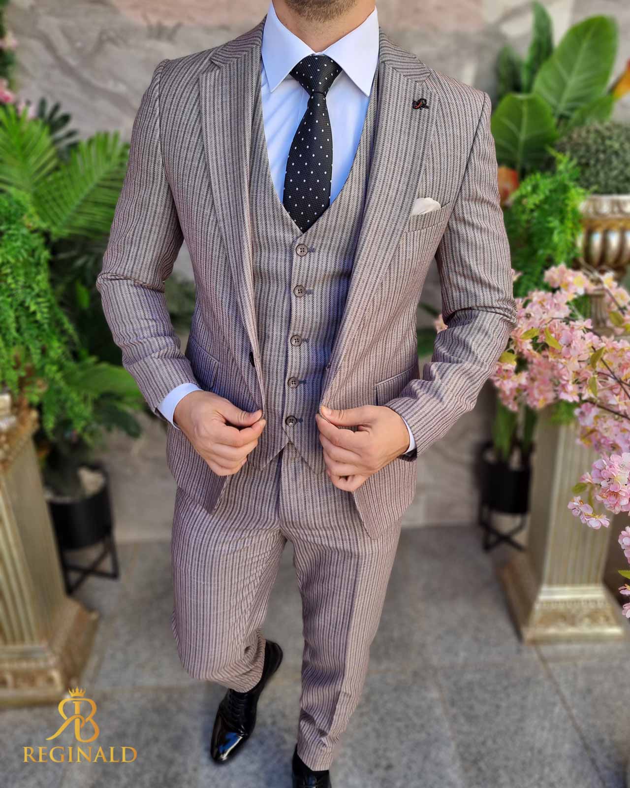 Costum de bărbați, gri/negru in dungi, Sacou, Vesta si Pantalon - C4341 - imagine 4