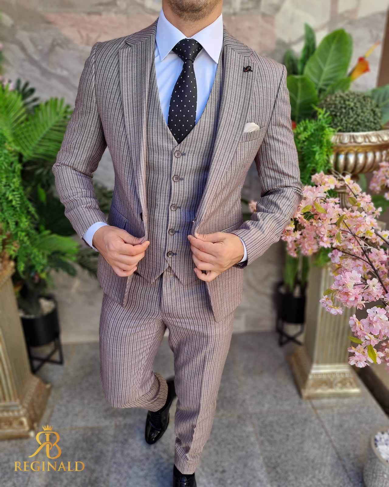 Costum de bărbați, gri/negru in dungi, Sacou, Vesta si Pantalon - C4341 - imagine 3