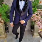 Traje de gala negro con chaqueta azul marino y chaleco de terciopelo - C4351