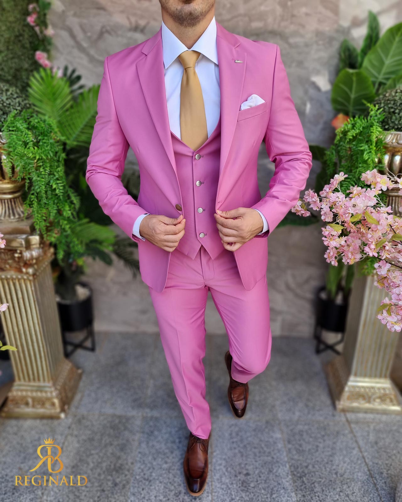 Costum de bărbați, roz, Sacou, Vesta si Pantalon - C4334