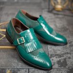 Pantofi Loafers verzi, cu catarama, piele naturala- P1791