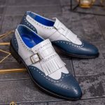 Pantofi Loafers albastri/ivoire, cu catarama, piele naturala- P1793