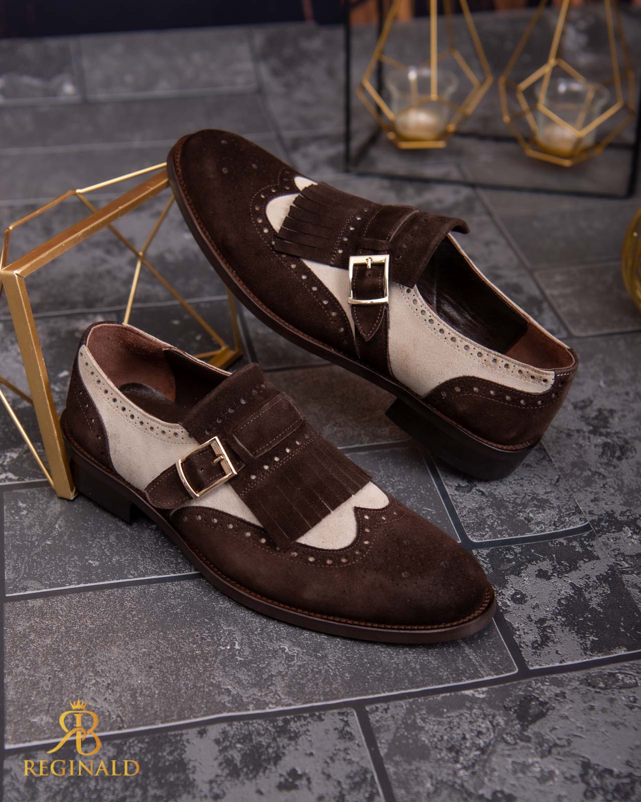 Pantofi Loafers maro/bej, cu catarama, piele intoarsa - P1797