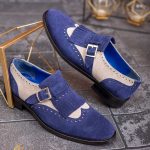 Pantofi Loafers albastri/bej, cu catarama, piele intoarsa - P1796