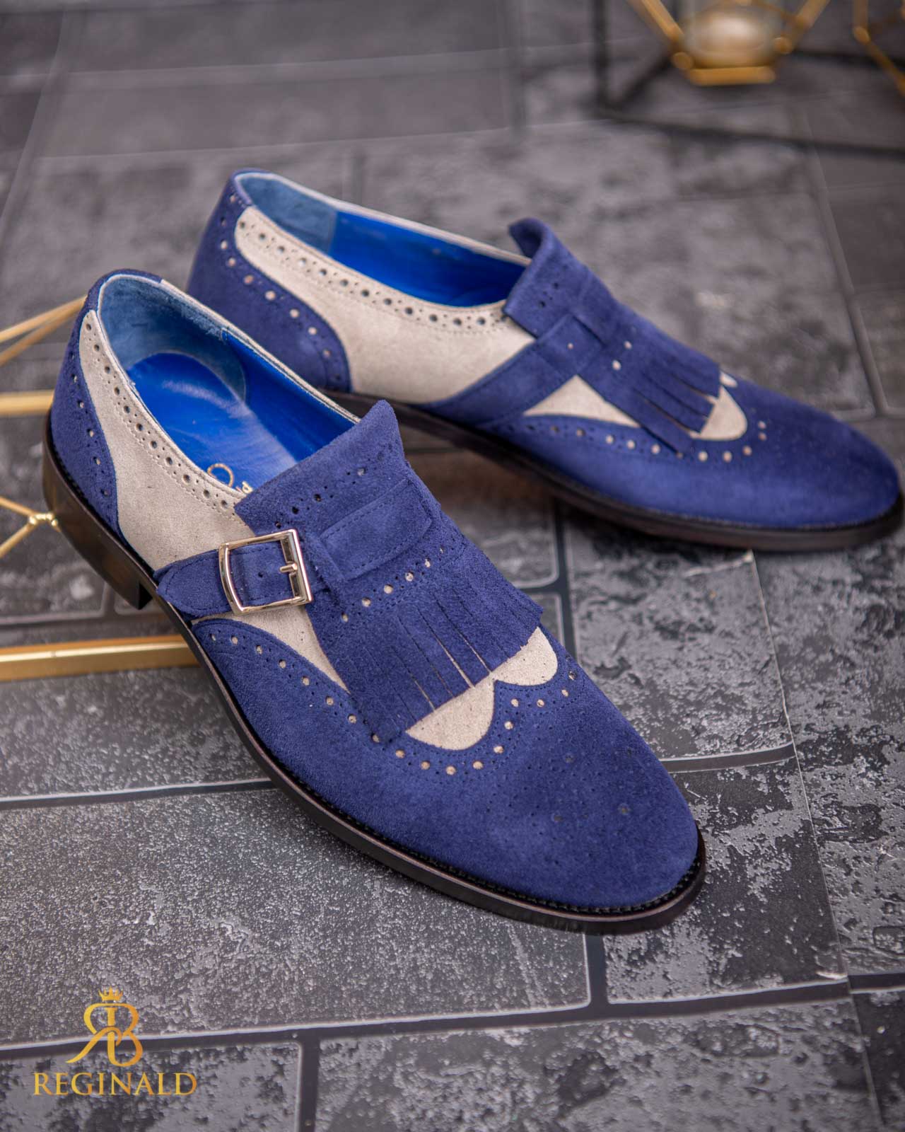 Pantofi Loafers albastri/bej, cu catarama, piele intoarsa - P1796