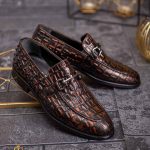 Pantofi Loafers de barbati, piele naturala, maro patinat, croc texture- P1789