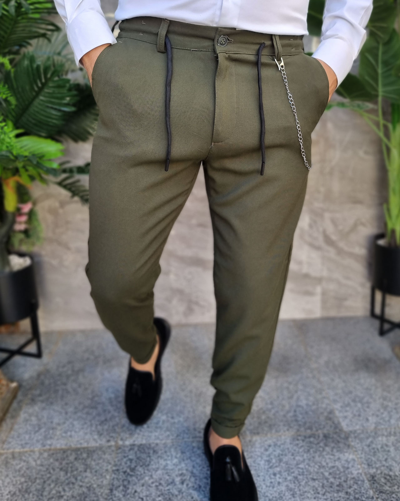 Pantaloni casual cu lant ,croiala conica, tiv intors- PN765