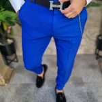 Pantaloni Albastru electric de bărbați, Casual Slim Fit, Conici cu lanț – PN703