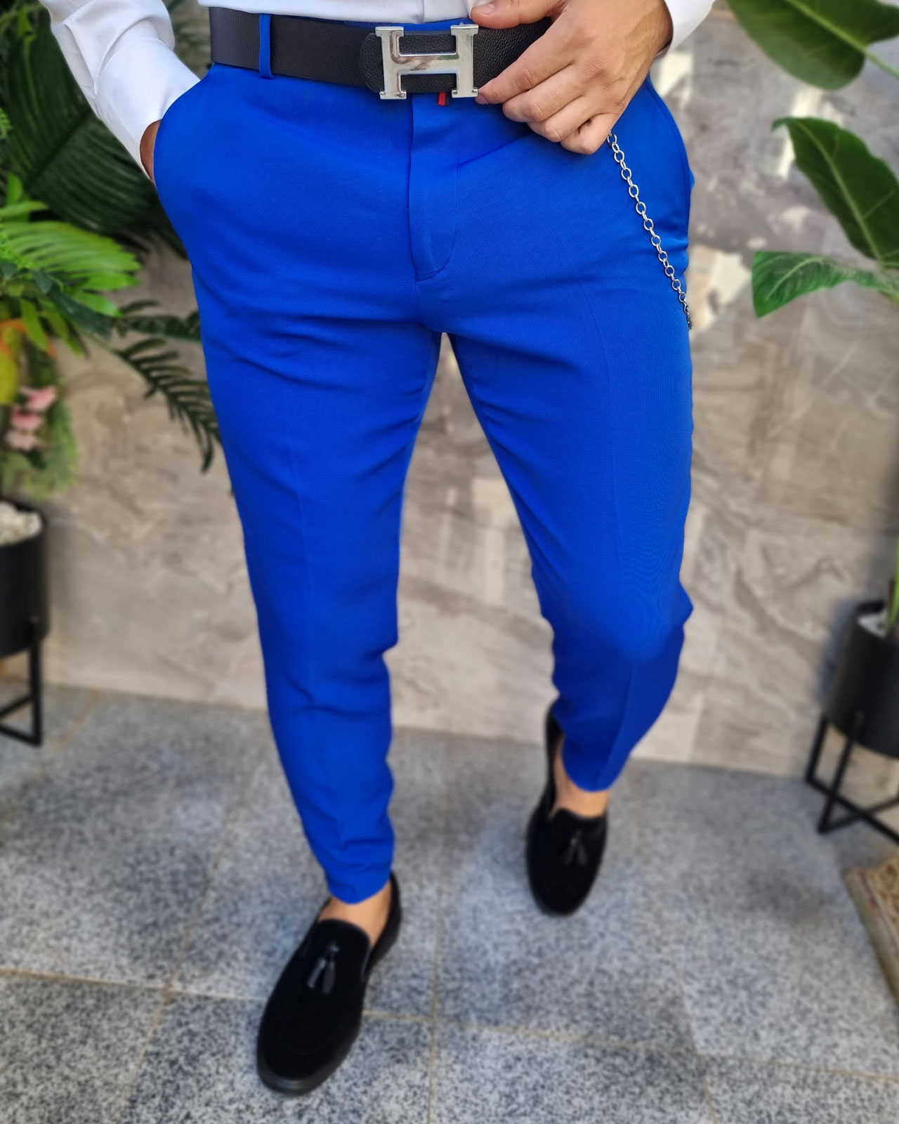 Pantaloni Albastru electric de bărbați, Casual Slim Fit, Conici cu lanț – PN703