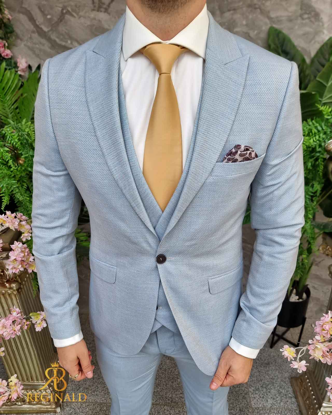 Costum elegant bleu cu insertii bej, set: 3 piese - C4415 - imagine 4