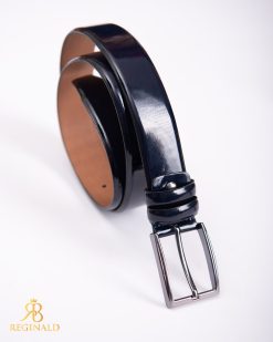 Curea din piele bleumarin lacuita, catarama metalica- CP432