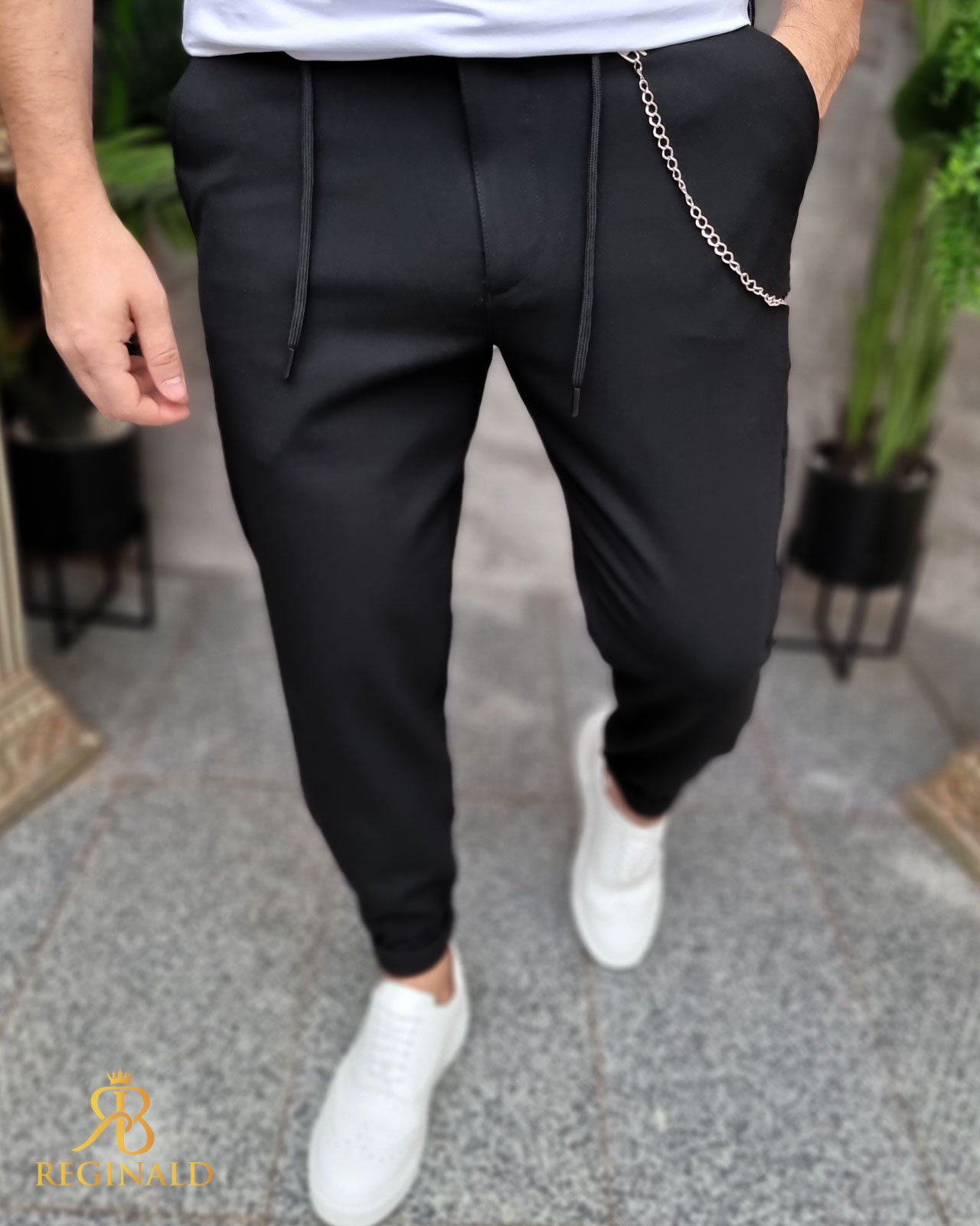 Pantaloni casual negru, cu snur si lant ,croiala conica, tiv intors- PN776