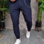 Pantalon décontracté bleu marine, avec cordon et chaîne, coupe fuselée, ourlet retourné - PN774