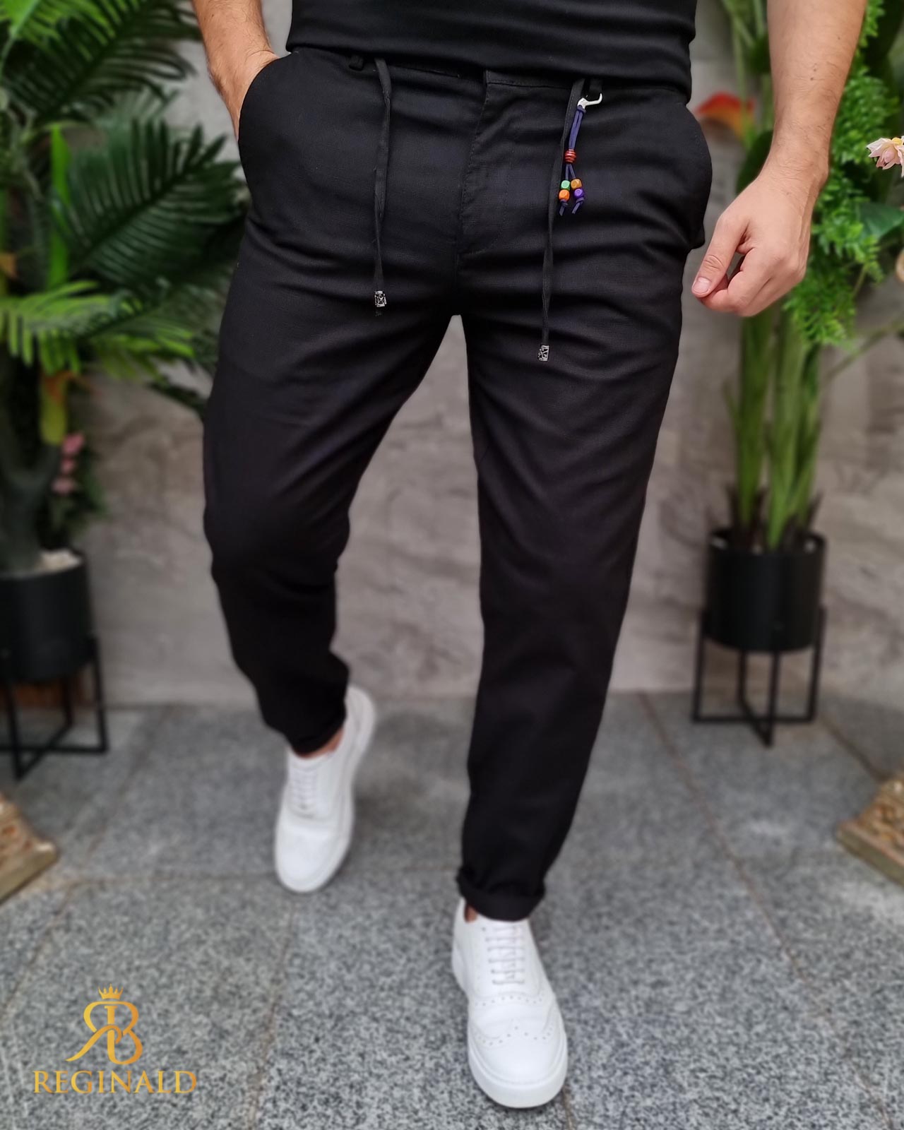 Casual sorte bukser med snøre, tilspidset snit, drejet - PN768
