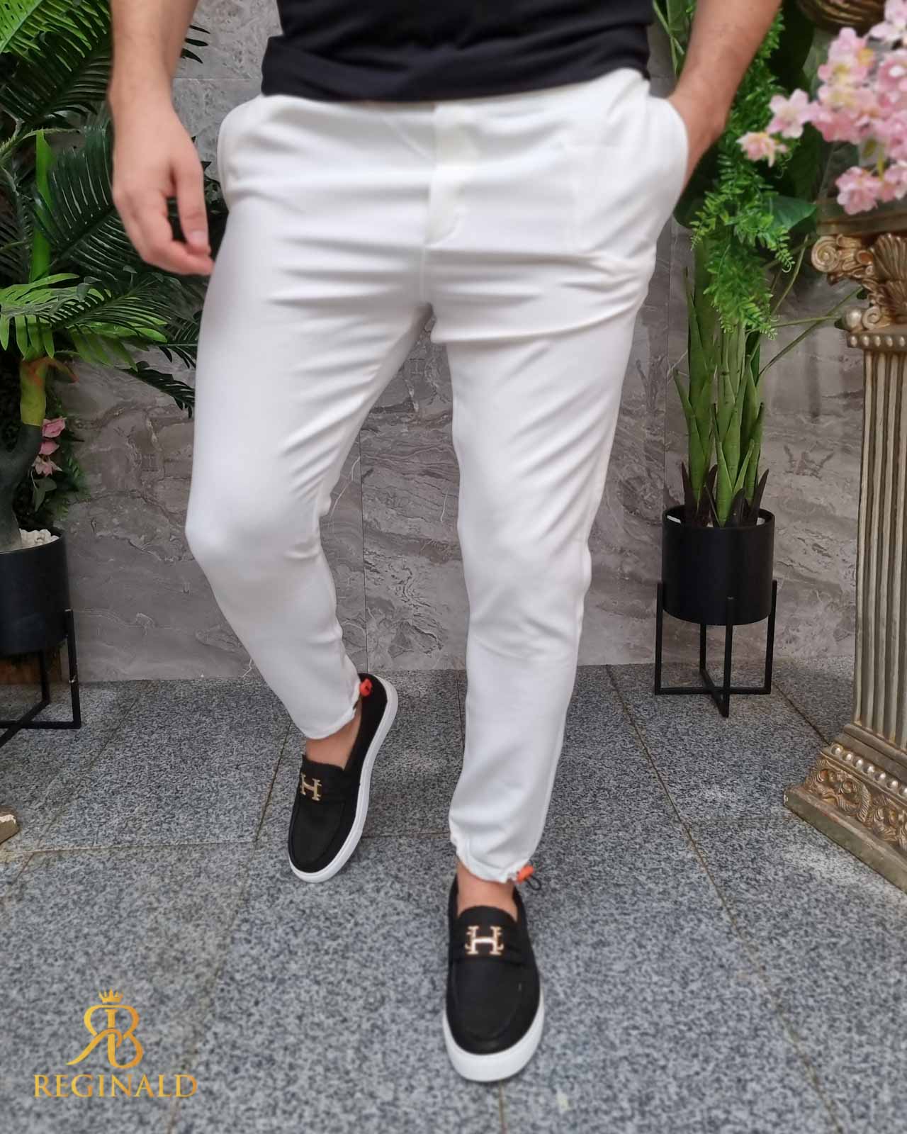 Pantaloni casual alb ivoire, cu elastic ajustabil in talie si la glezne - PN777