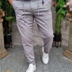 GREY casual trousers, with drawstring, tapered cut, turned-up hem - PN771