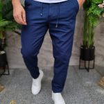 Pantalones informales azul marino, con cordón, corte cónico y dobladillo vuelto - PN770