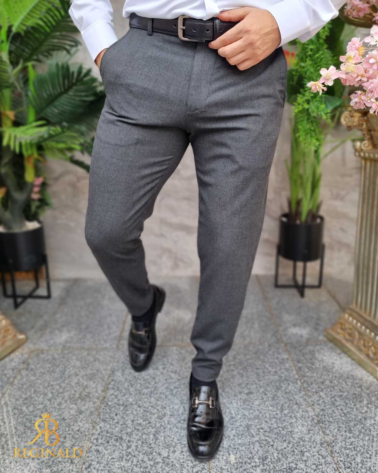 Pantaloni eleganti gri inchis, croiala conica, elastici- PN795