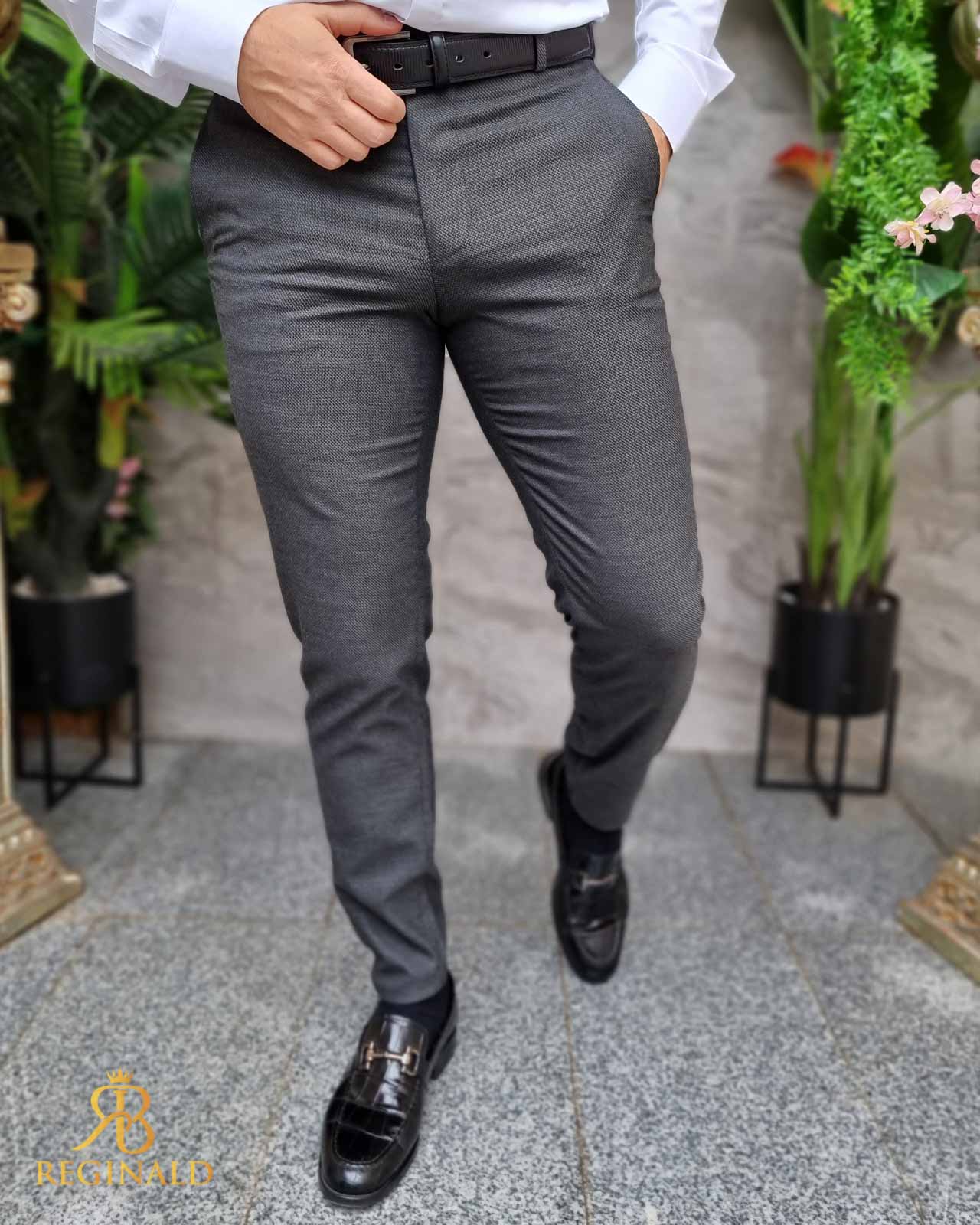Pantaloni eleganti gri inchis texturat, croiala conica- PN788
