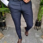 Pantaloni eleganti bleumarin inchis, croiala conica, elastici- PN794