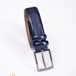 Curea din piele bleumarin cu model striat, catarama metalica- CP456