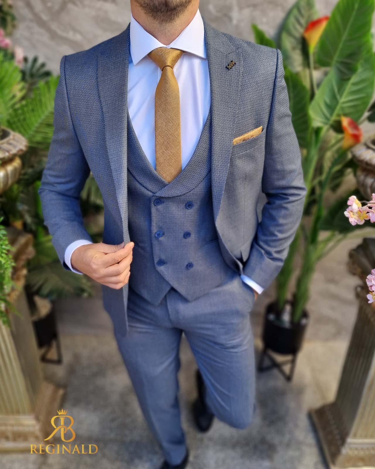 Costum gri/bleu pal texturat, set: 3 piese - C4432 - imagine 4