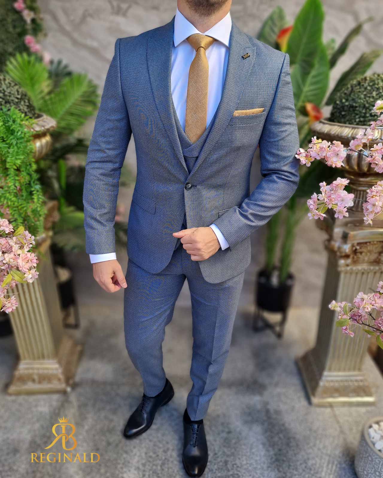 Costum gri/bleu pal texturat, set: 3 piese - C4432 - imagine 2