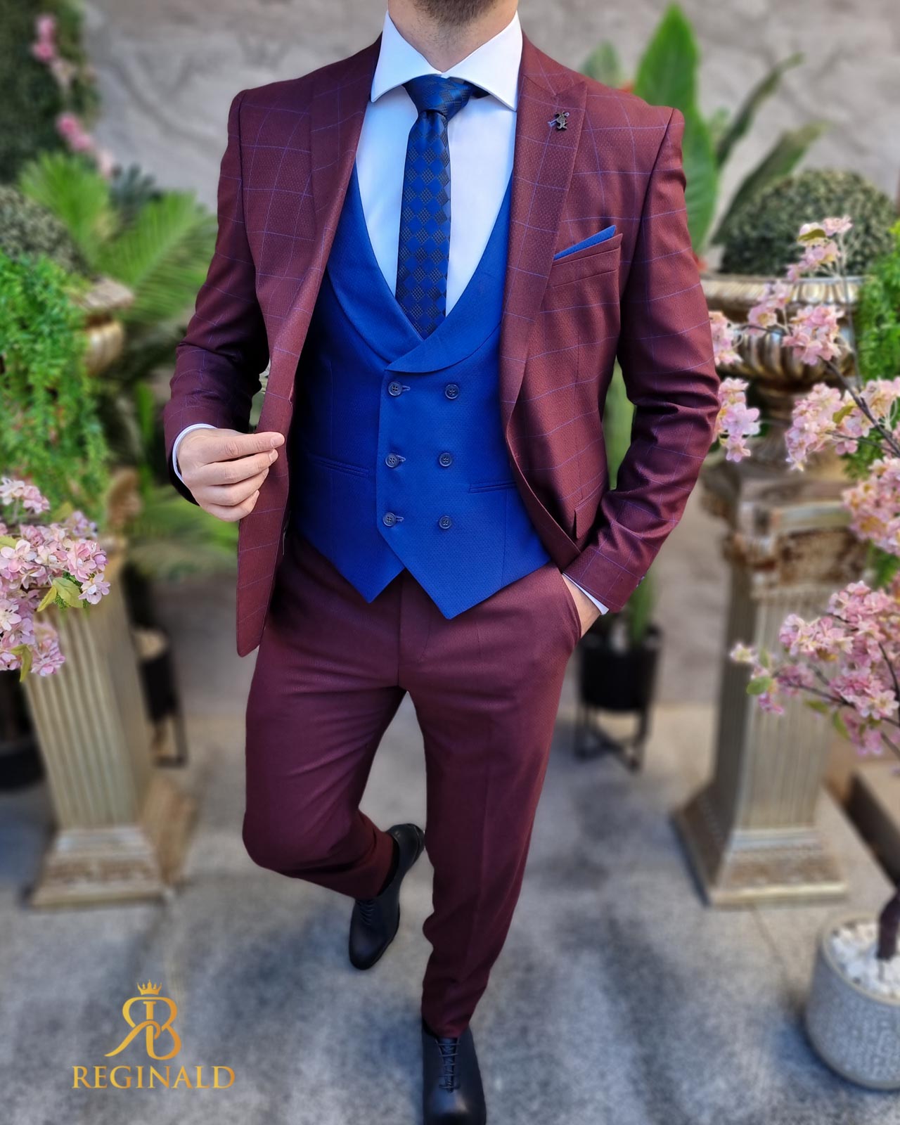 Costum elegant visiniu in carouri, set: 3 piese - C4435 - imagine 6