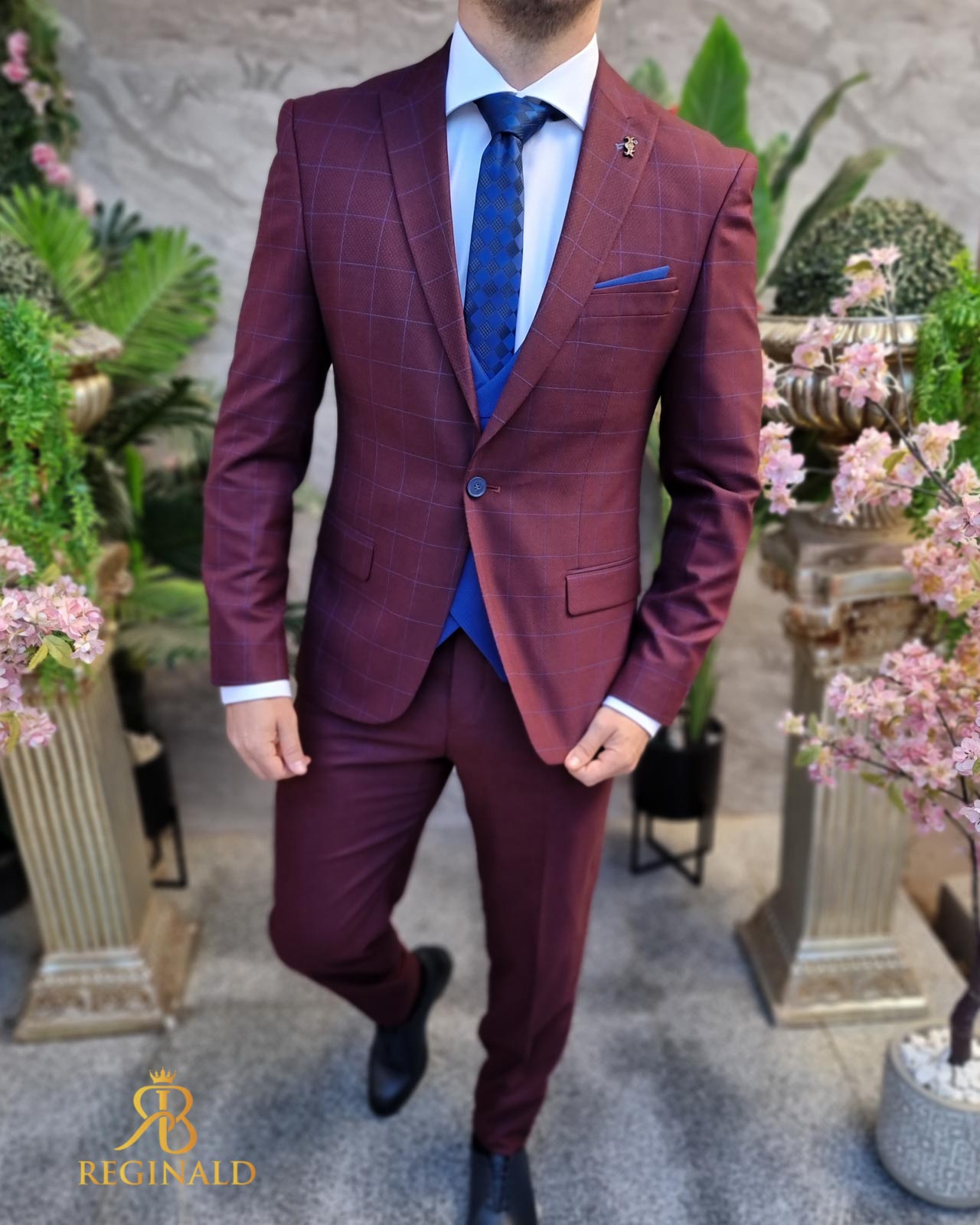 Costum elegant visiniu in carouri, set: 3 piese - C4435 - imagine 2