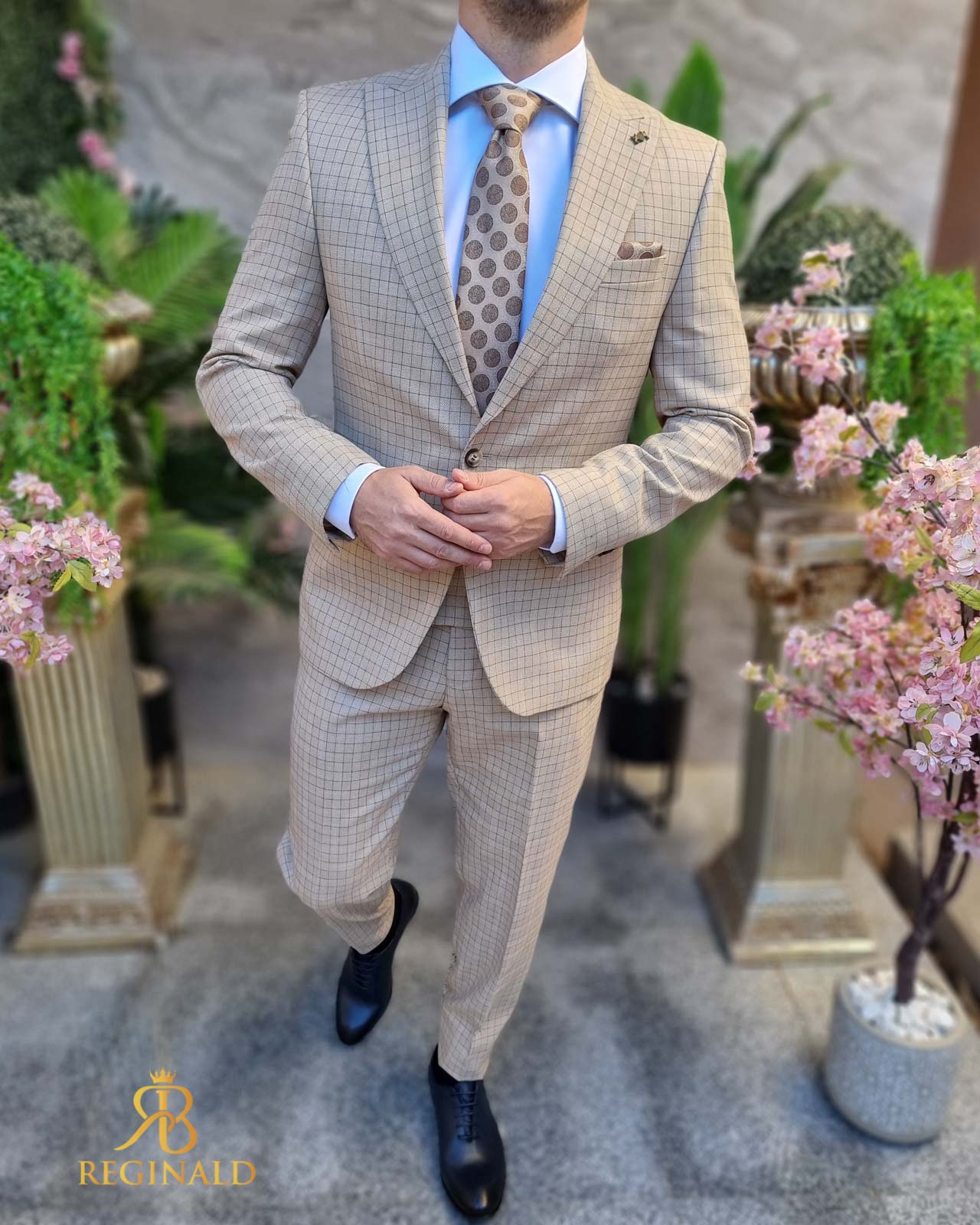 Costum elegant bej in carouri, set: 3 piese - C4434 - imagine 4