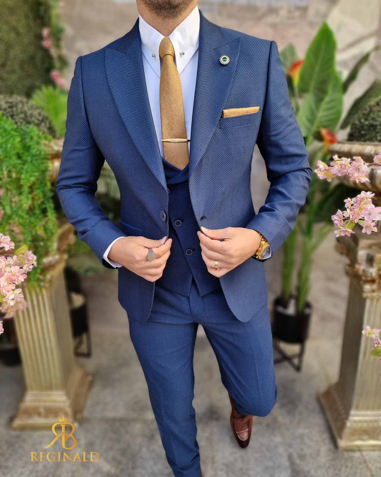 Costum elegant bleumarin texturat, set: 3 piese - C4437 - imagine 3