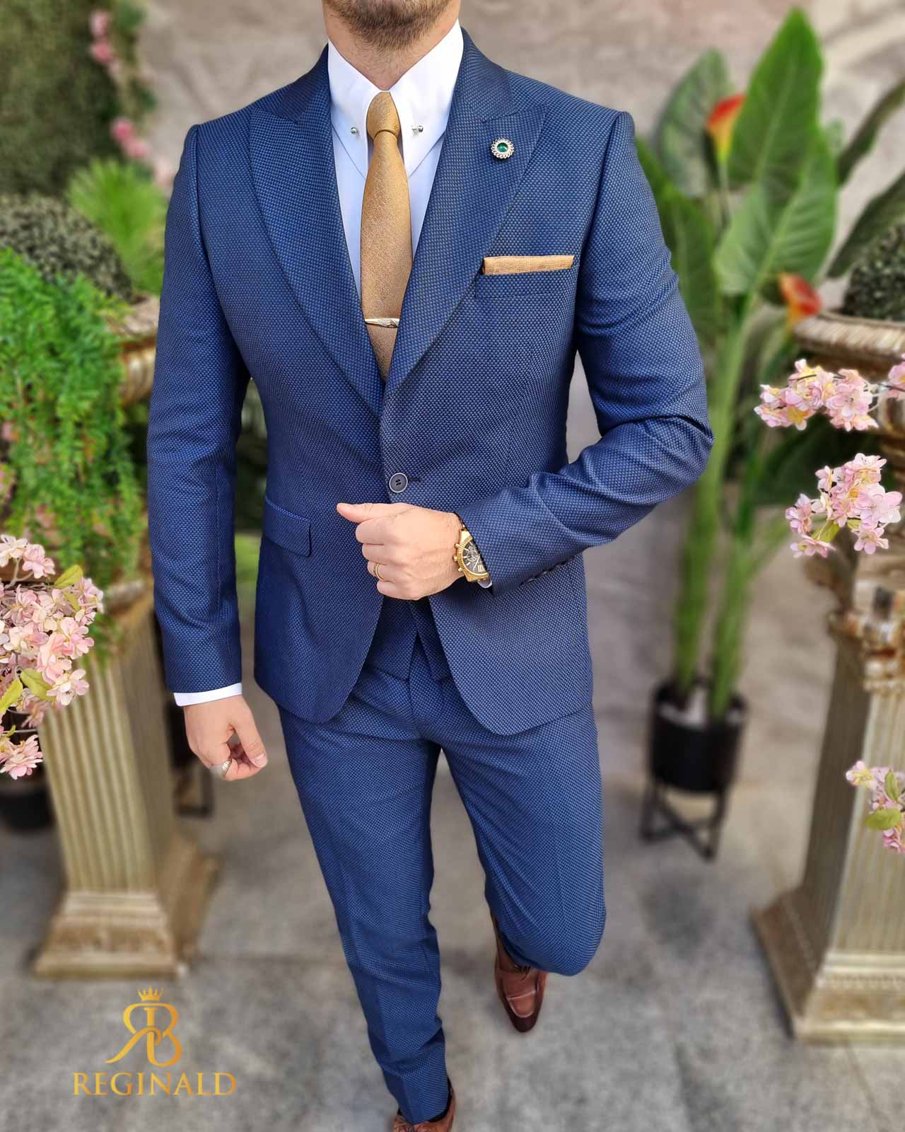 Costum elegant bleumarin texturat, set: 3 piese - C4437 - imagine 5