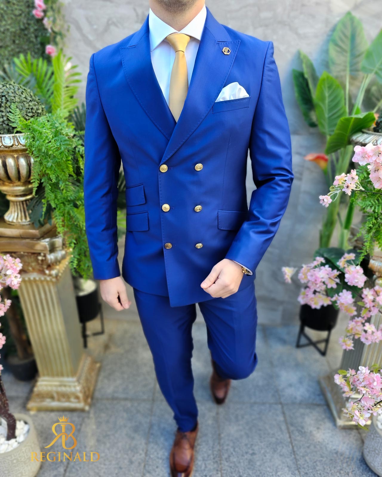 Costum elegant de bărbați, albastru, cu butoni aurii, Sacou si Pantalon - C4503