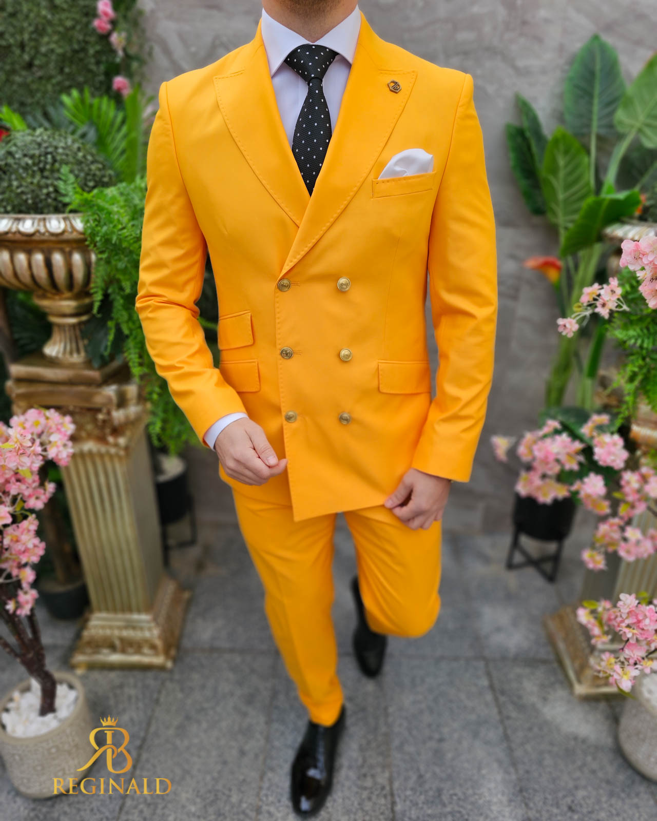 Costum elegant de bărbați, galben cu butoni aurii, Sacou si Pantalon - C4504