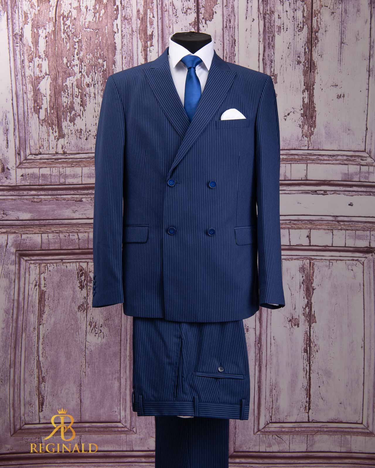 Costum elegant albastru cu dungi, Sacou si Pantalon- C4509