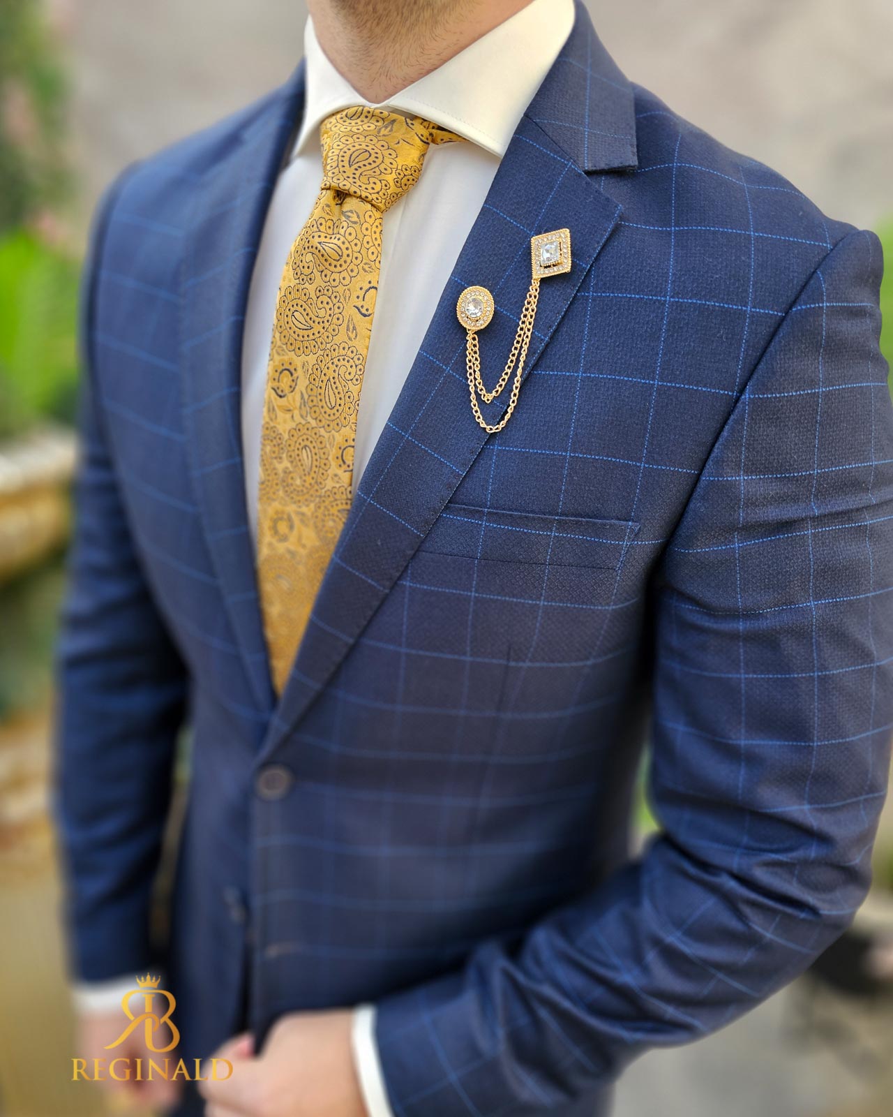 Costum de barbati, bleumarin in carouri, Slim-Fit, Sacou si Pantalon - C4594