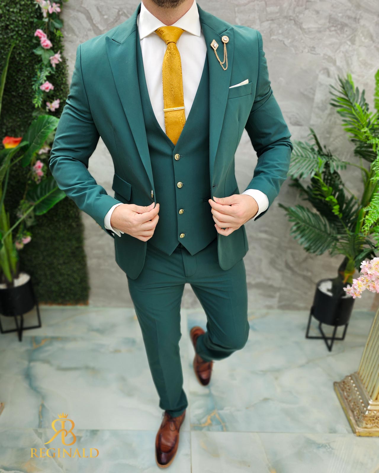 Costum de bărbați, Verde cu nasturi aurii Sacou, Vesta si Pantalon - C4670