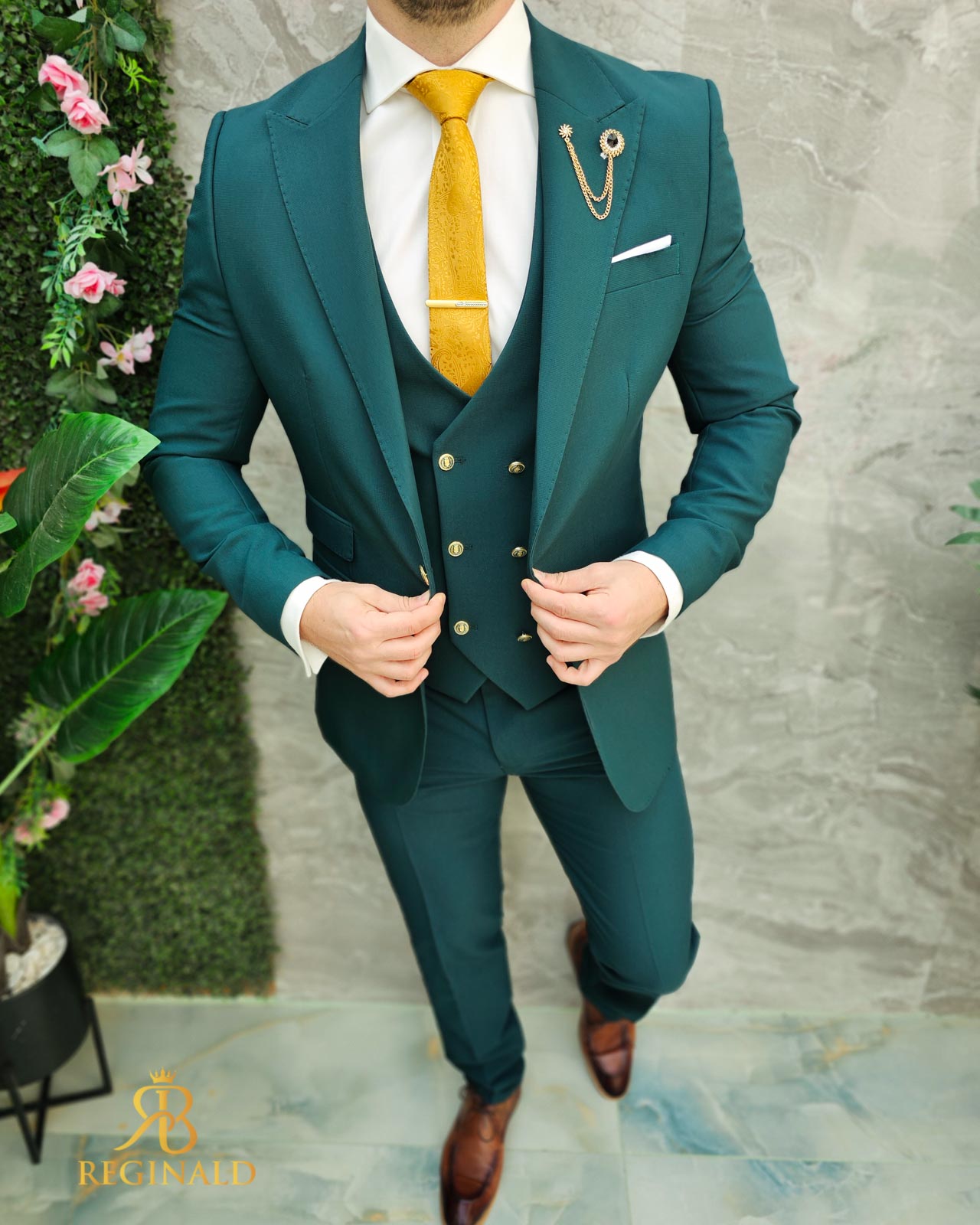 Costum de bărbați, Verde cu nasturi aurii Sacou, Vesta si Pantalon - C4672