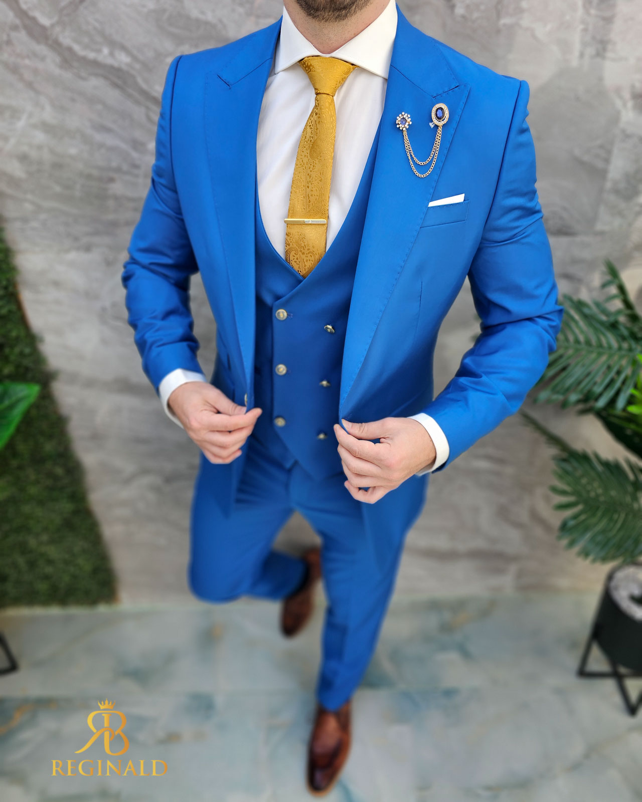 Costum de bărbați, Albastru cu nasturi aurii Sacou, Vesta si Pantalon - C4671