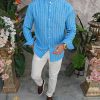 Cămașă de bărbați, Slim Fit, albastra cu dungi albe - CR162